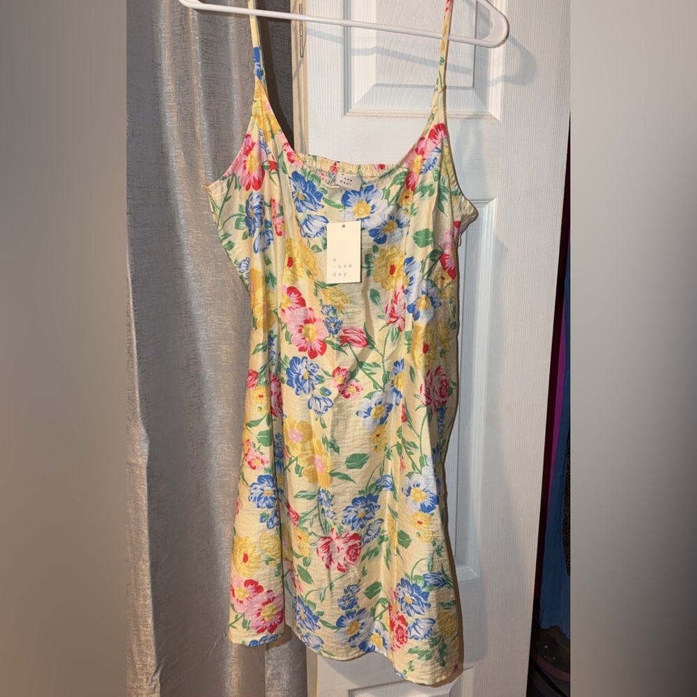 Yellow Floral Slip Dress with Blue, Pink & Green Blooms